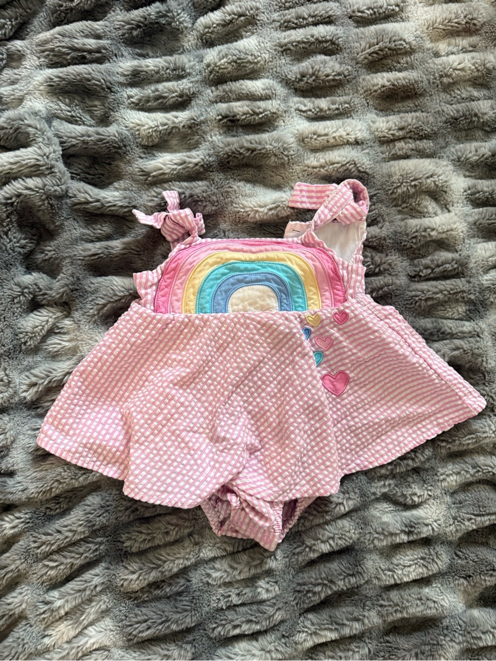 Blueberi Boulevard Pink Seersucker Rainbow Romper with Heart Details